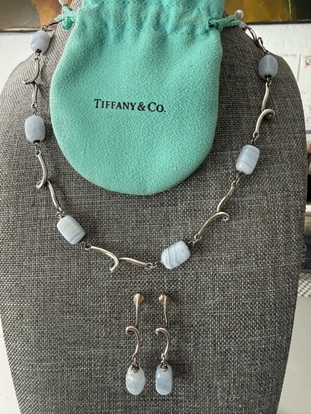 Tiffany blue lace agate chalcedony necklace 16” silver 925 authentic w/bag - Picture 4 of 11